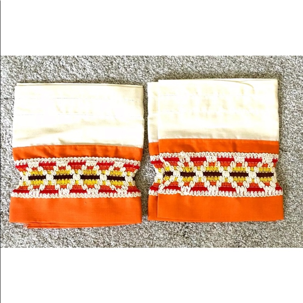 Vintage 70s MCM Curtain Valence Set Retro Orange Yellow Fabric - Picture 4 of 5
